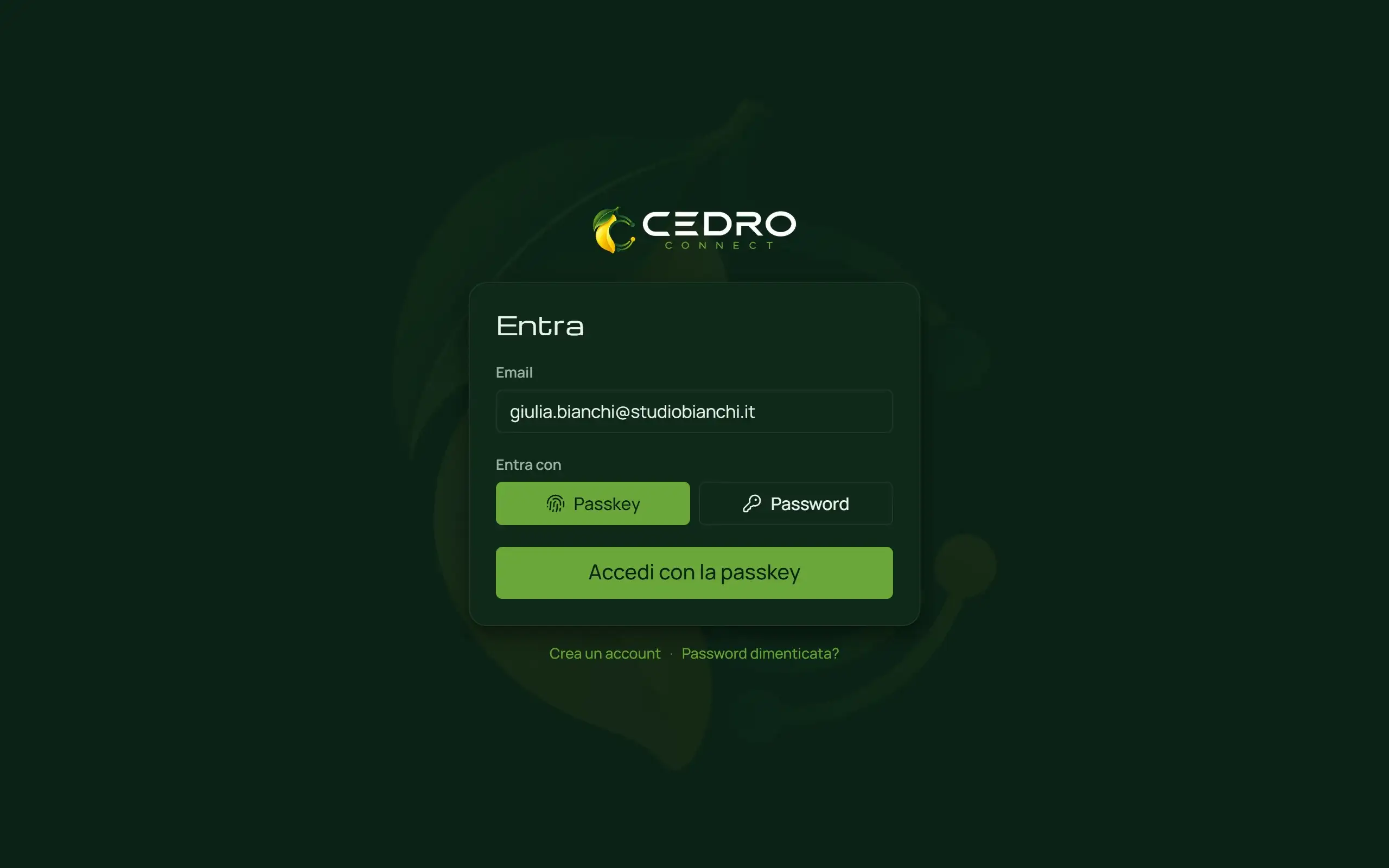 La pagina di accesso di Cedro Connect, con il campo dell'email compilato e il pulsante per entrare