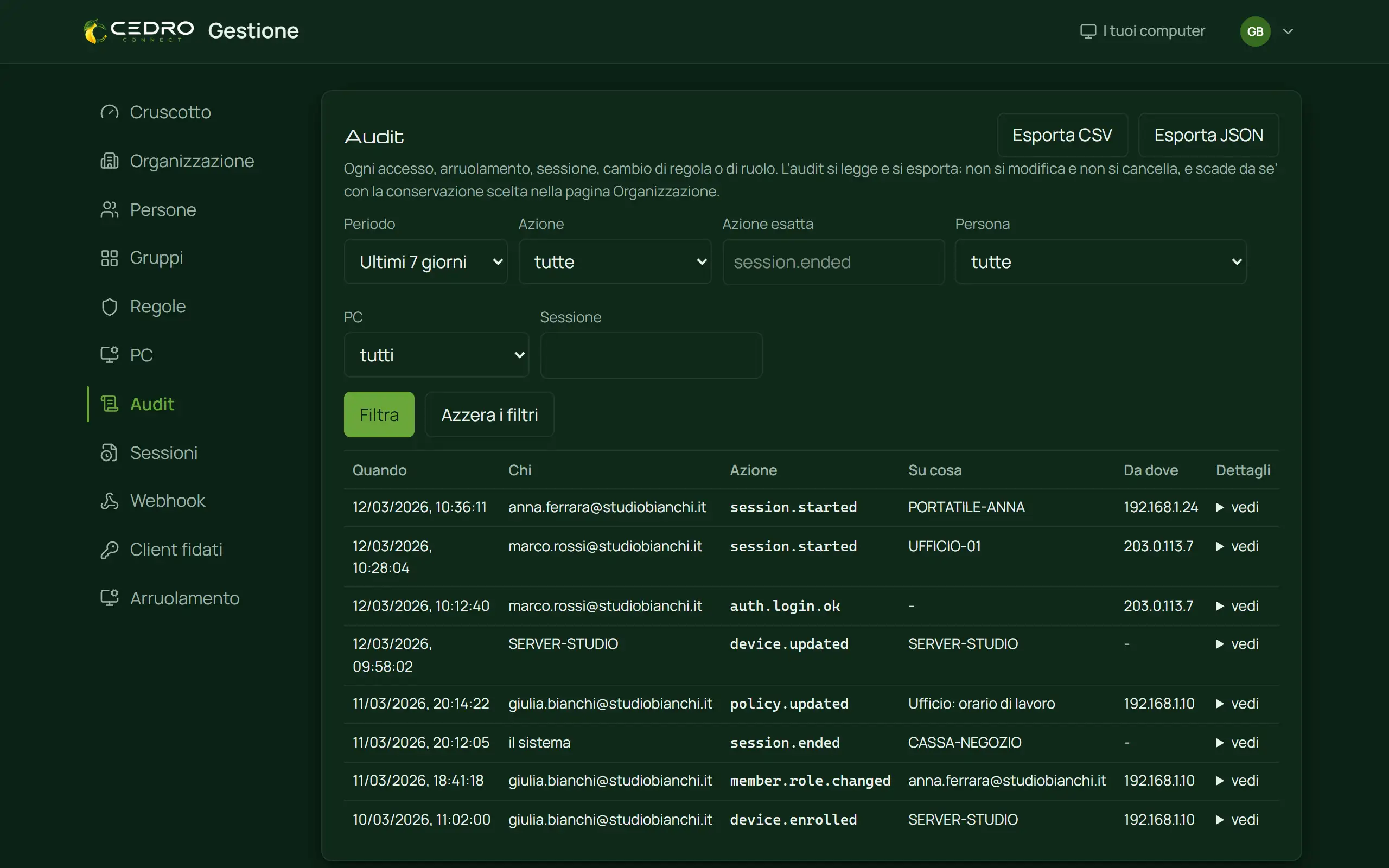 Il registro degli accessi del prodotto: quando, chi, quale azione, su quale computer, da quale indirizzo, con i filtri e i pulsanti per esportare in CSV e JSON.