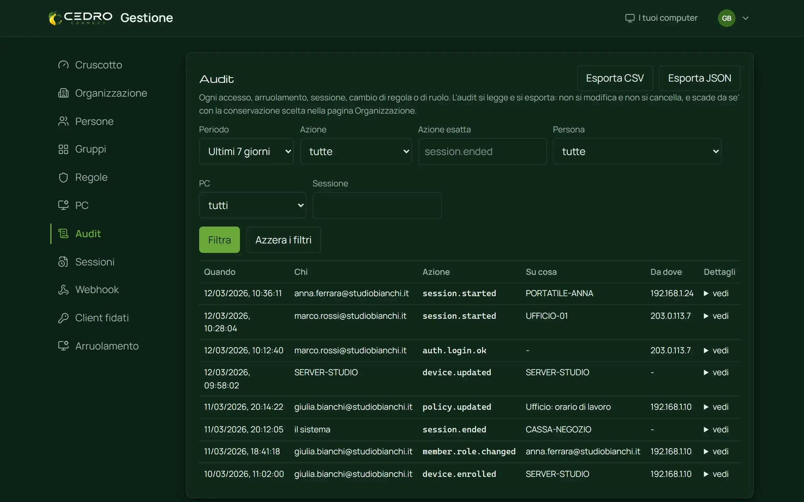 Il registro degli accessi di Cedro Connect, con i filtri e le righe di chi è entrato, quando e da quale indirizzo