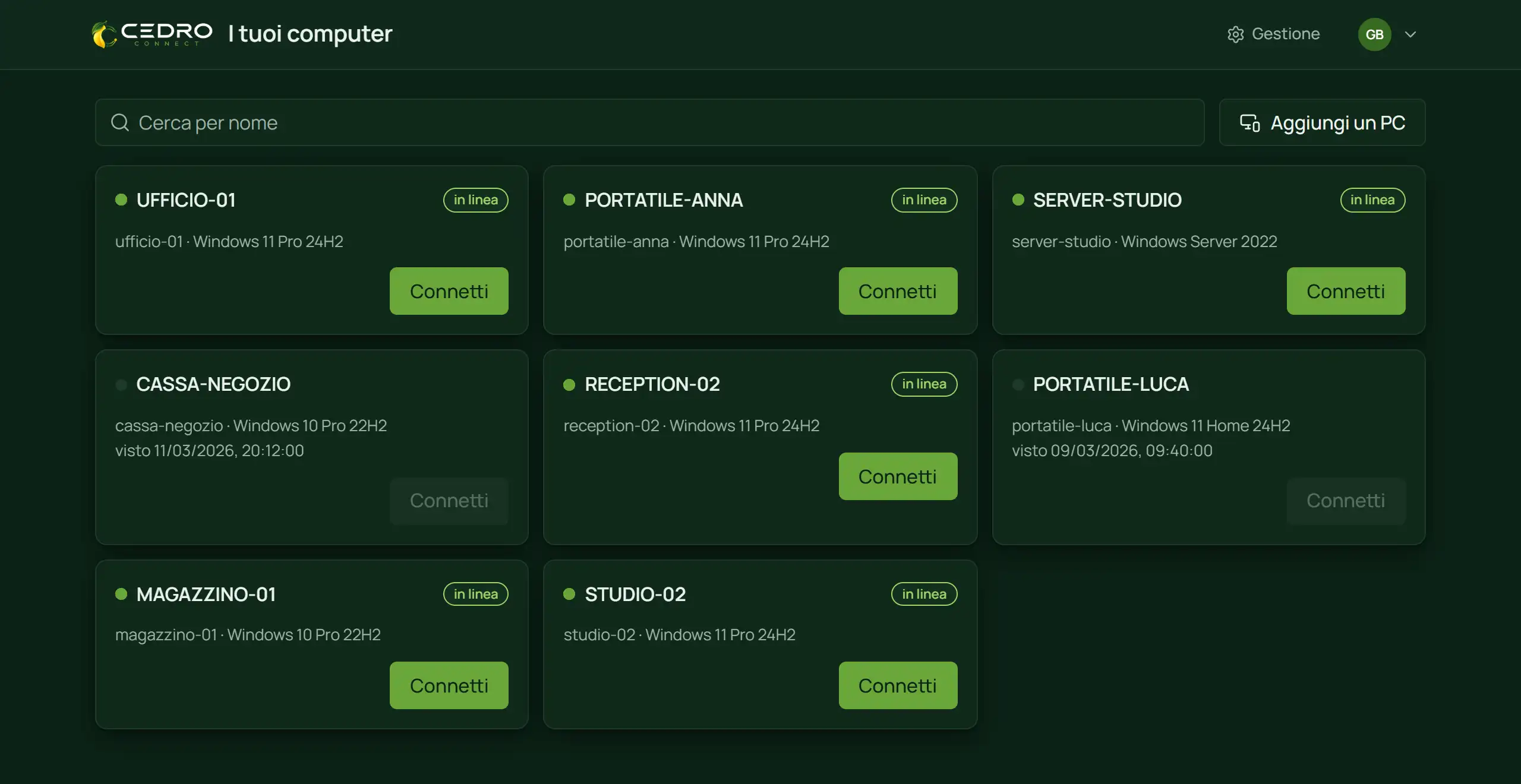 La lista dei computer nel prodotto: ogni PC con il suo nome, la versione di Windows, se è in linea e il pulsante per collegarsi.